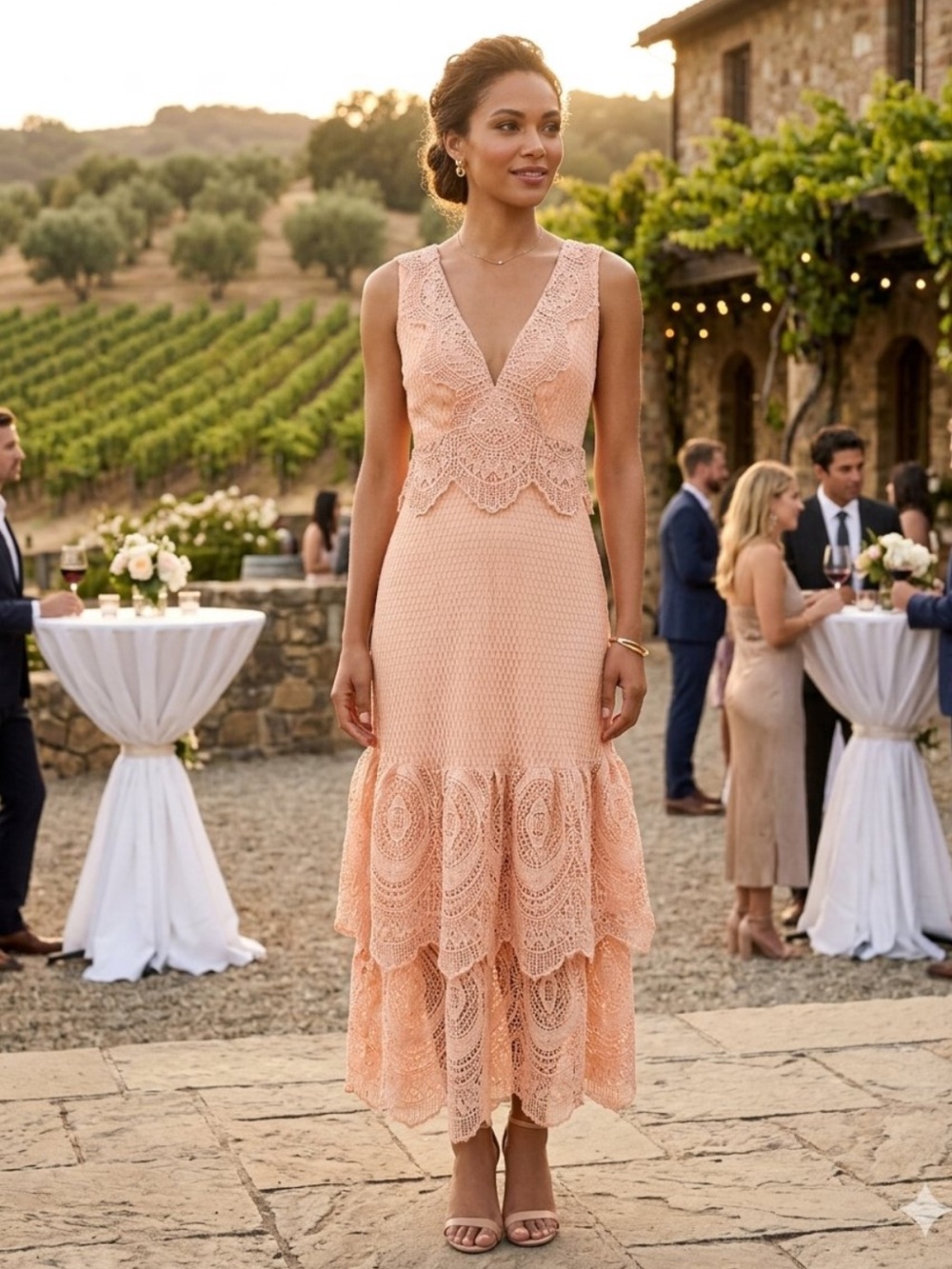 Miss Selfridge Peach Crochet Layered Lace V‑Neck Tiered Maxi Dress